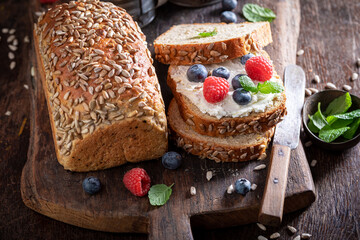 Healthy and sweet bread for breakfast with fruit and cheese.