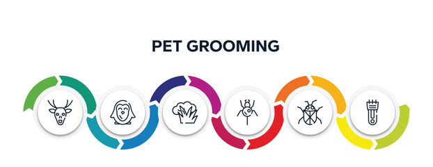 pet grooming outline icons with infographic template. thin line icons such as deer, penguin, bush, spider, beetle, hair clipper vector.