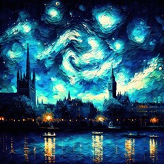 Fototapeta na wymiar City at night. River, buildings, starry sky. Post-impressionism style picture. Generative AI