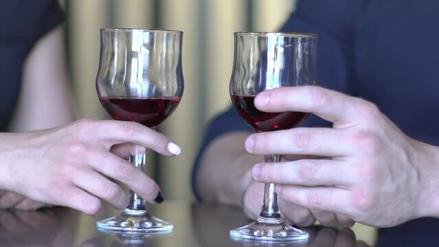 Hands Clinks Glasses With Red Vine Slow Motion