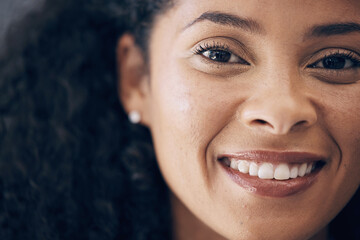 Face, black woman and smile in portrait, success and positive mindset with vision and motivation in...