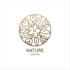 Tropical flower logo. Round emblem floral plant in a circle in linear style. Vector abstract badge for design of natural products, flower shop, cosmetics, ecology concepts, health, spa, yoga Center.