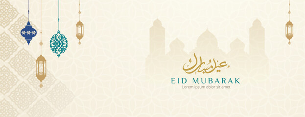 Mosque with Islamic ornaments template. Design concept of ramadan kareem, iftar, isra miraj, eid al fitri, eid al adha, muharram, copy space text, illustration.