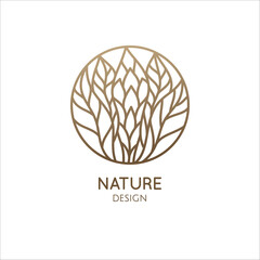 Tropical flower logo. Round emblem floral plant in a circle in linear style. Vector abstract badge for design of natural products, flower shop, cosmetics, ecology concepts, health, spa, yoga Center.