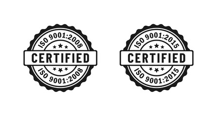 ISO 9001:2015 label or ISO 9001:2008 stamp vector on white background. ISO 9001:2015 Seal vector. The International Organization for Standardization. Best certified ISO 9001:2008.