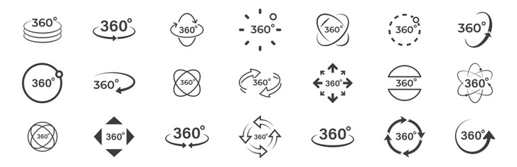 Set of 360 degree views icons. Round signs with arrows rotation to 360 degrees. Virtual reality icons. Signs with arrows to indicate the rotation or panoramas to 360 degrees. Vector illustration. - obrazy, fototapety, plakaty