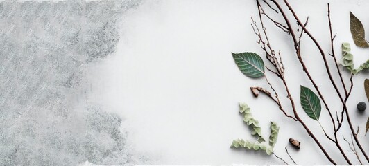 minimalist natural Scandinavian-style winter banner with forest elements such as twigs, lichens, and dry leaves on a distressed white wooden background, flat lay, and top view. Generative AI.