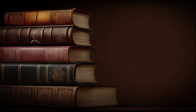 literature/reading concept: banner or a header image with a stack of antique leather-bound books against a dark background. Generative AI.