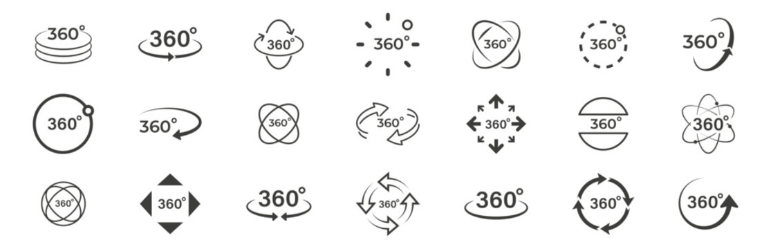 Set of 360 degree views icons. Round signs with arrows rotation to 360 degrees. Virtual reality icons. Signs with arrows to indicate the rotation or panoramas to 360 degrees. Vector illustration.
