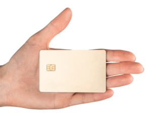 Bank card mock up on hand palm isolated on white background. Blank debit plastic card with chip. High quality photo