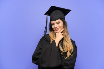 Young university graduate Russian girl isolated on white background having doubts