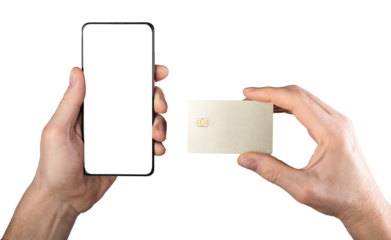 Plastic bank card mock-up and phone screen mockup, template for mobile app, finance and payment application ad, isolated on white. High quality photo