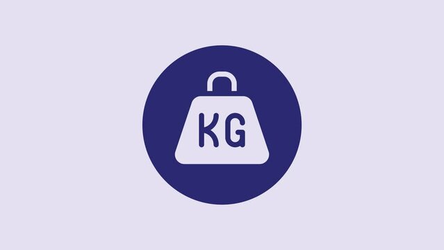 Blue Weight icon isolated on purple background. Kilogram weight block for weight lifting and scale. Mass symbol. 4K Video motion graphic animation