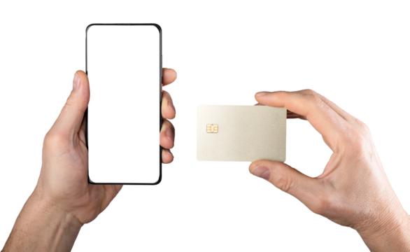 Plastic bank card mock-up and phone screen mockup, template for mobile app, finance and payment application ad, isolated on white. High quality photo