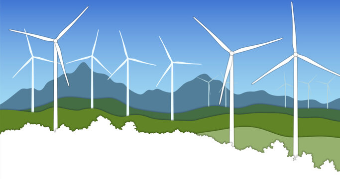 White wind turbine generating electricity landscape. Renewable green energy concept