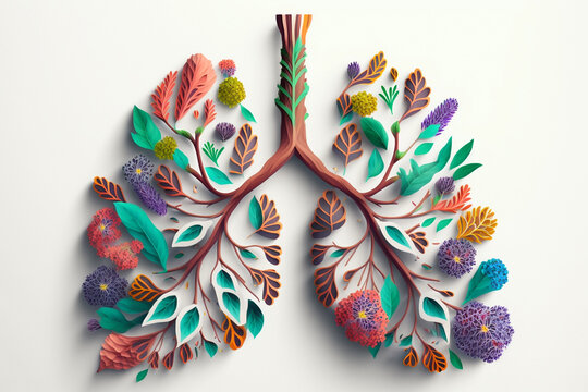 Floral human lungs. Chest health concept, 3d model, image is generated with the use of an AI. Flower design, plant and leaves, white background.