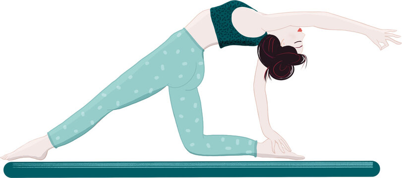 Yoga posture. Backbending exercise. Beautiful blue pastel handmade illustration of a female yogi. Isolated image. 