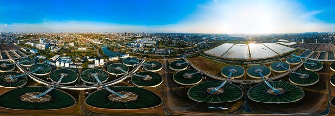 Spherical HDRI panorama 360 degrees angle view. Drinking water treatment plant. Microbiology of drinking water production and distribution, water treatment plant. Microbiology, Morning scene,
