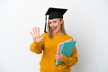 Young student caucasian woman isolated on white background counting five with fingers