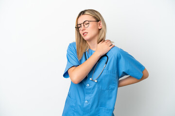 Young surgeon doctor woman isolated on white background suffering from pain in shoulder for having made an effort