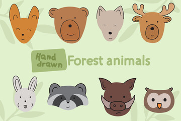 Cute and Happy hand drawn forest animals illustrations set, zoo collection