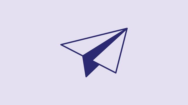 Blue Paper airplane icon isolated on purple background. 4K Video motion graphic animation