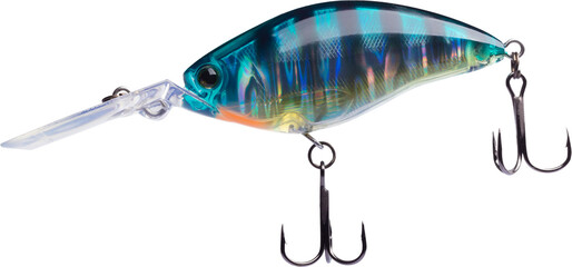 Side view of a blue and gold fishing lure - obrazy, fototapety, plakaty