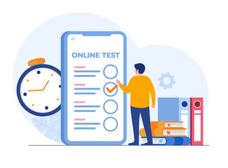 Online test and checking answers, examination, test, quiz, student test, employee, questionnaire, flat vector illustration banner