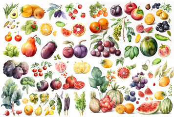 Watercolor illustration of a collection of fruit and vegetables on a white background - AI generative