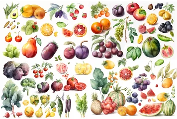 Fotobehang Watercolor illustration of a collection of fruit and vegetables on a white background - AI generative © Giordano Aita