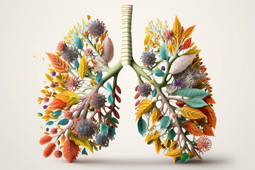 Floral human lung. Chest health concept, drawing, image is generated with the use of an AI. Flower design, plant blossom, white background.