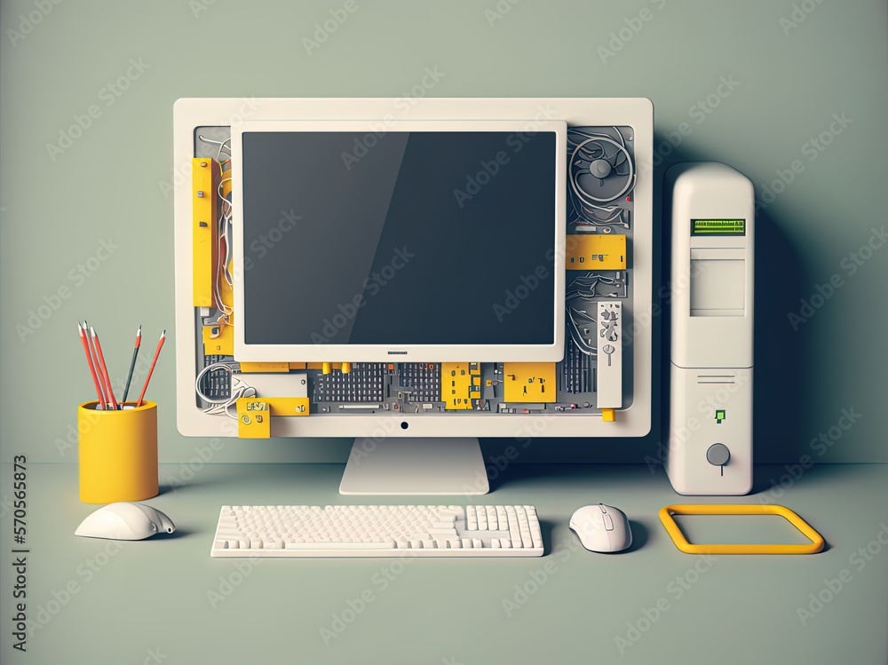 Poster pc screen depicting a basic office environment generative ai