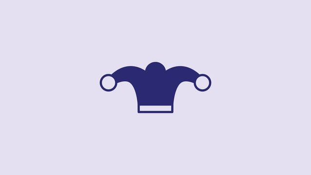 Blue Jester hat with bells isolated on purple background. Clown icon. Amusement park funnyman sign. 4K Video motion graphic animation