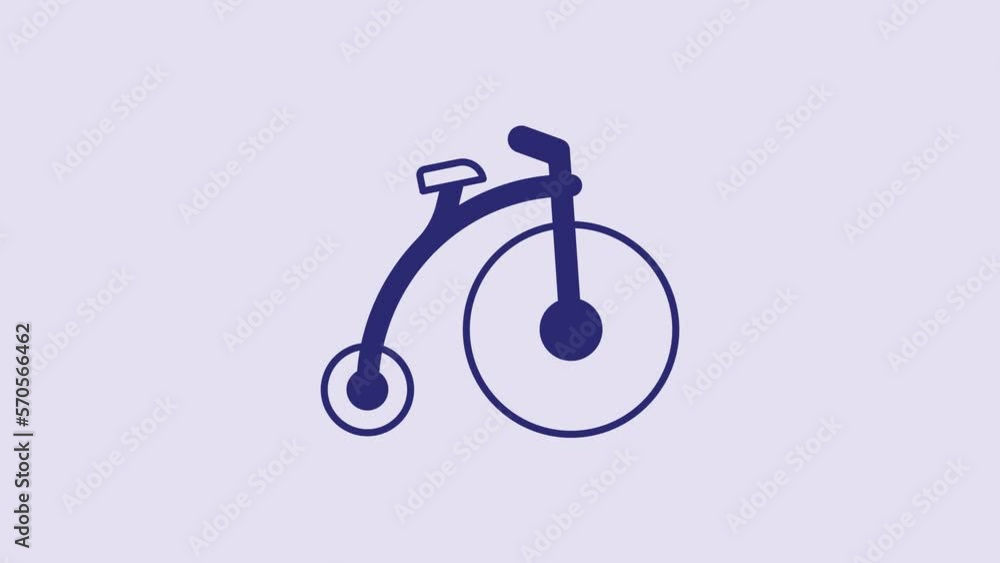 Wall mural blue vintage bicycle with one big wheel and one small icon isolated on purple background. bike publi