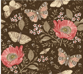 Seamless pattern Flowers. Butterflies peacock moths insect fly. Set Blooming Poppy Poppies realistic isolated. Vintage fabric background. Wallpaper. Drawing engraving. Vector victorian Illustration