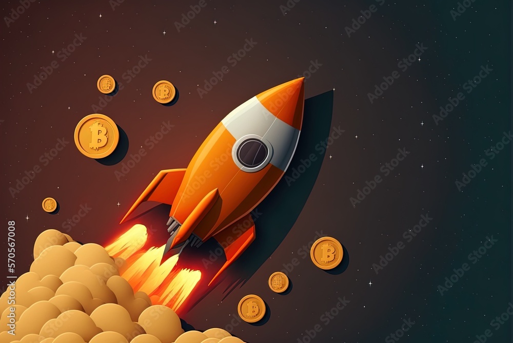 Poster image of a rocket with text space for use in advertising new ventures and virtual currencies like bi
