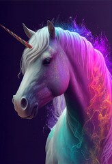 Plakat close up of a unicorns head on a black background. generative ai.