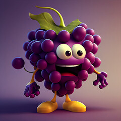 Cute Happy Grape Character Cartoon 3D. Generative Ai