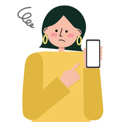 スマートフォンを持ったボブヘアの女性が困った顔をしているベクターイラスト（上半身)