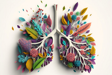 Floral human lung. Chest health concept, 3d, image is generated with the use of an AI. Flower design, plant blossom, colorful garden, white background.