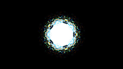 黒い背景にカラフルなガラスの反射のような3dイラスト。柄。円のフレーム。