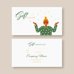 Gift voucher card template. Modern discount coupon or certificate layout with happy girl, art background. Vector illustration.