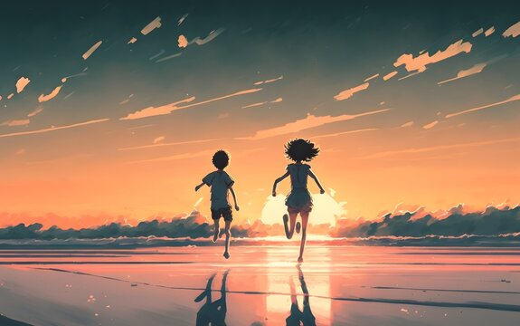 boy and girl running on the beach to see the sunrise on the horizon, digital art style, illustration painting