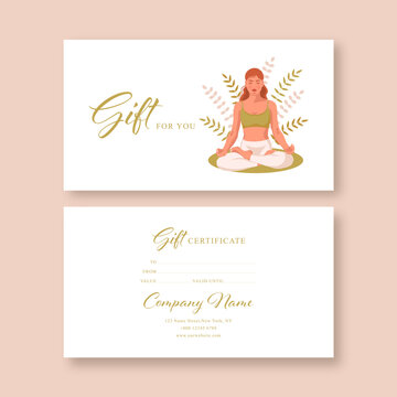 Gift voucher card template. Modern discount coupon or certificate layout with yoga girl, meditation art background. Vector illustration.