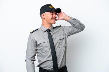 Young caucasian security man isolated on white background has realized something and intending the solution