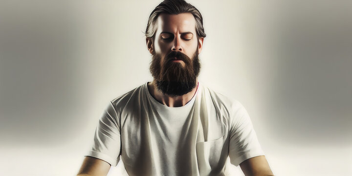 Handsome bearded man meditating on white background. Generative AI