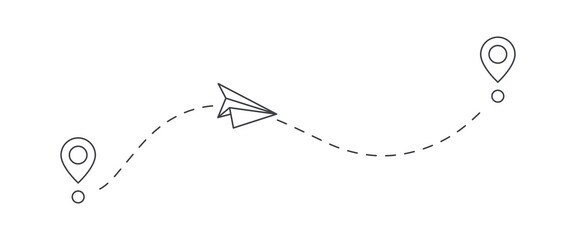 Paper airplane with dashed line. Flight route. Start and finish point.