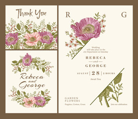 Wedding invitation. Thank you. Poppy croton isolated floral. Beautiful blooming realistic flowers. Vintage greeting card. Frame. Drawing engraving. Wallpaper baroque. Vector victorian Illustration © Наталья Лобенко