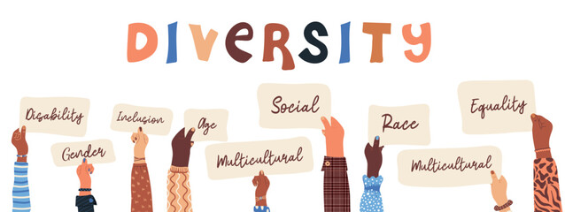 Hands of people multi ethnic races holding placards with text. Diversity and inclusion concept. Racial equality and anti-racism. Gender and age diversity. Multicultural society. Vector illustration
