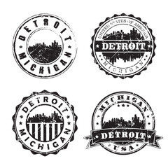 Detroit Michigan Stamp Skyline Postmark. Silhouette Postal Passport. City Round Vector Icon Set. Vintage Postage